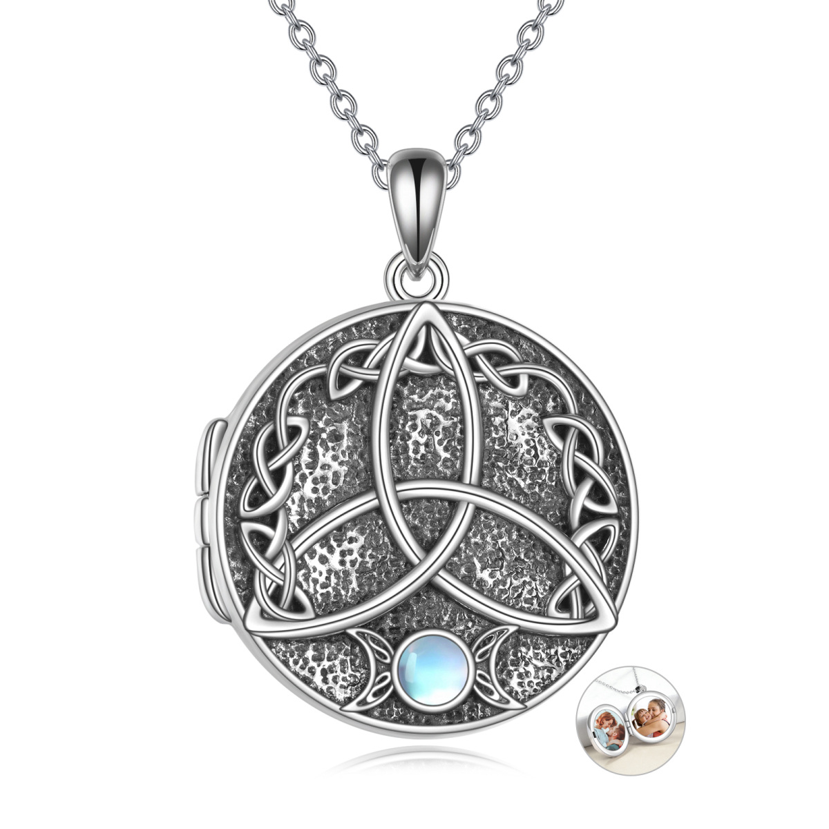 Plata de ley en forma circular Moonstone Celtic Nudo Personalizado Foto Relicario Collar-1