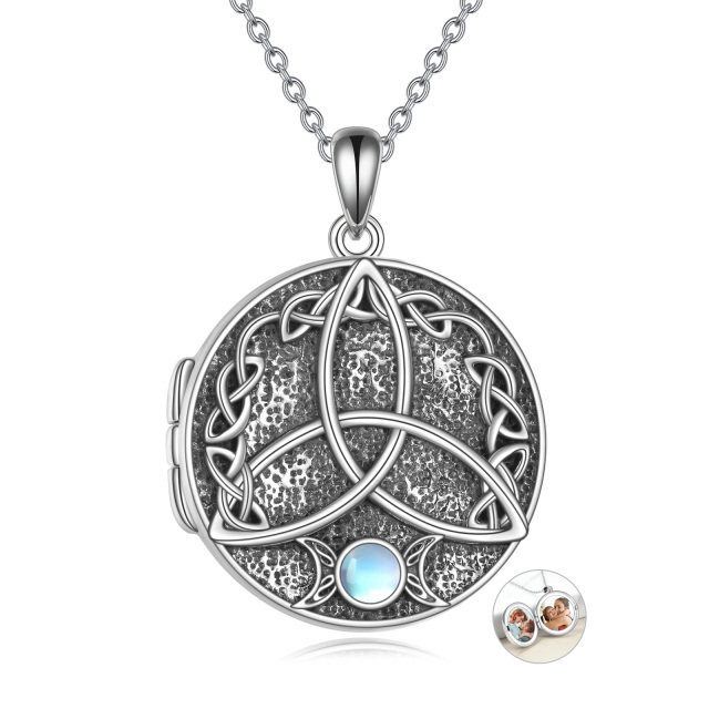 Sterling Silver Circular Shaped Moonstone Celtic Knot Personalized Photo Locket Necklace-0