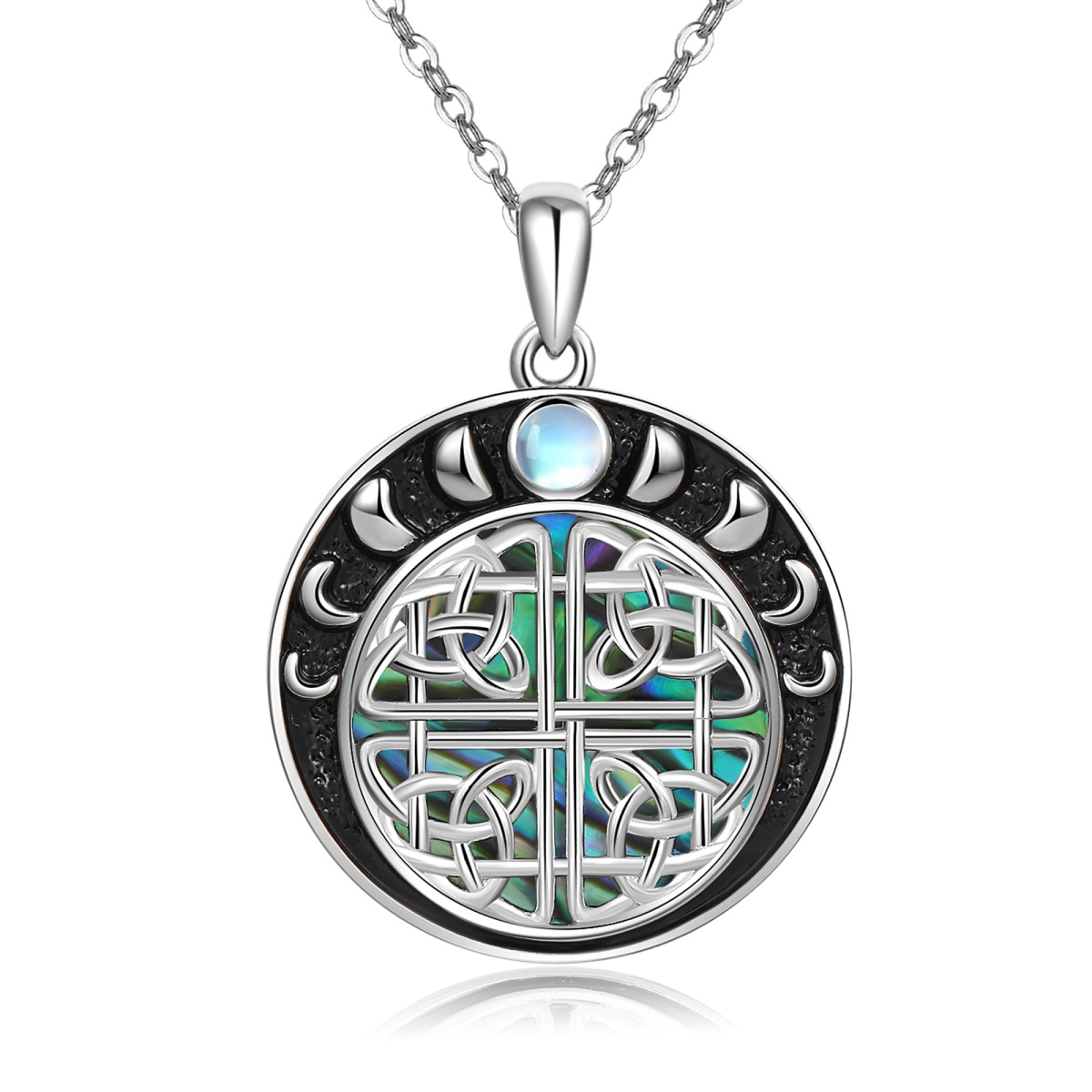 Sterling Silver Circular Shaped Moonstone & Abalone Shellfish Celtic Knot Pendant Necklace-1