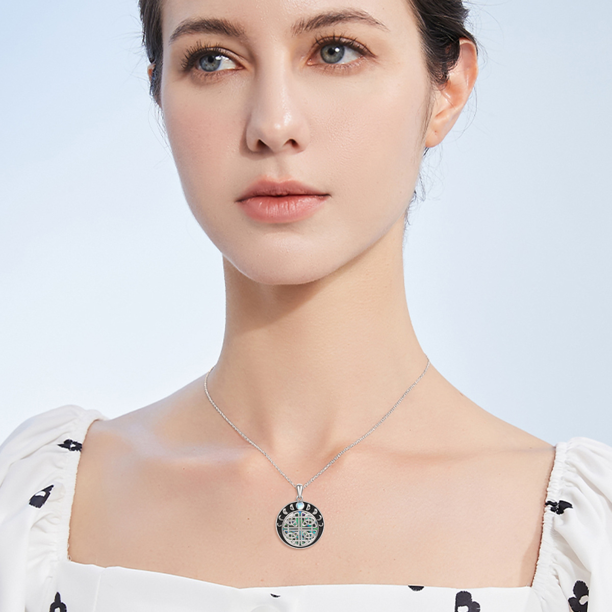 Sterling Silver Circular Shaped Moonstone & Abalone Shellfish Celtic Knot Pendant Necklace-2