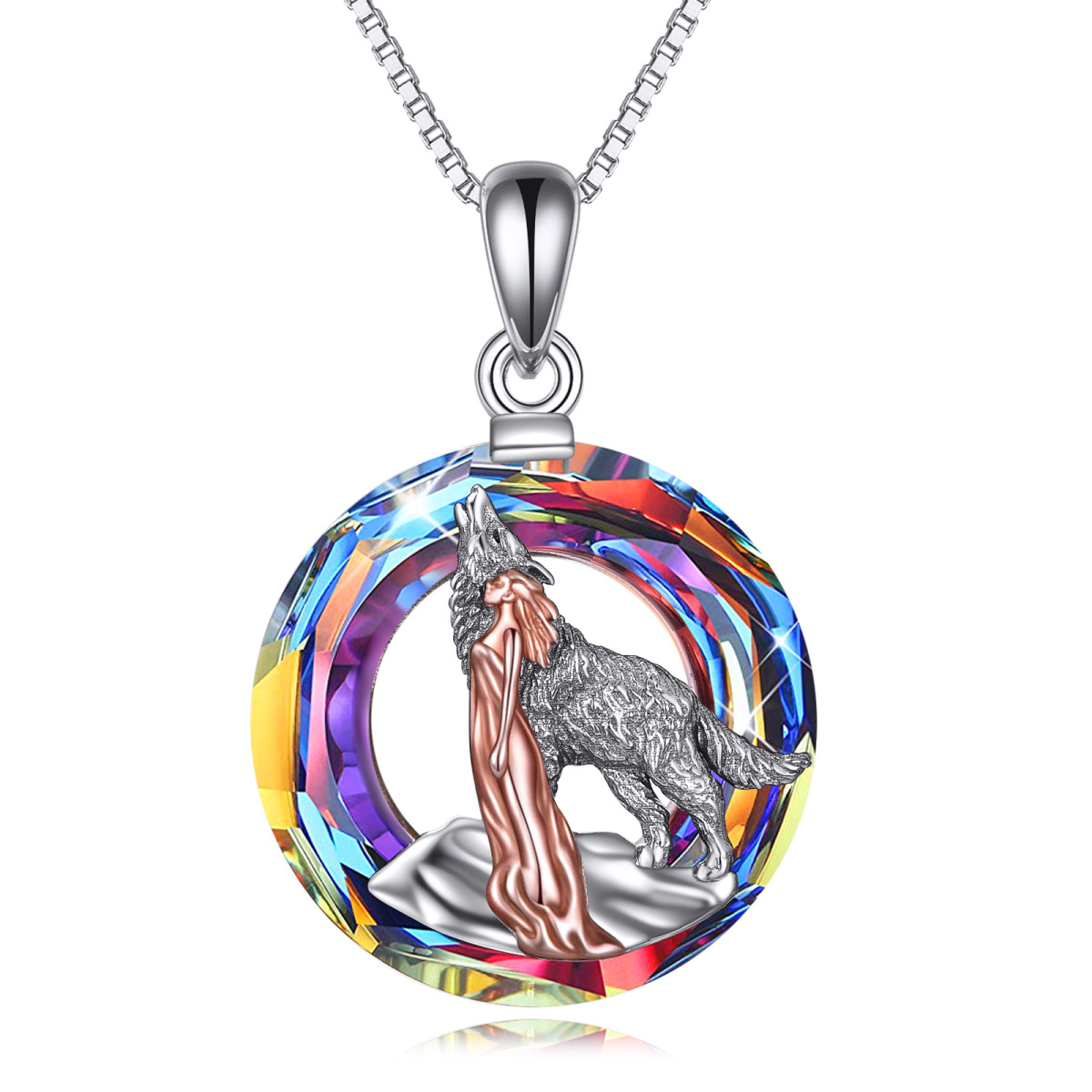Sterling Silver Two-tone Circular Shaped Vintage Wolf & Girl Crystal Pendant Necklace-1
