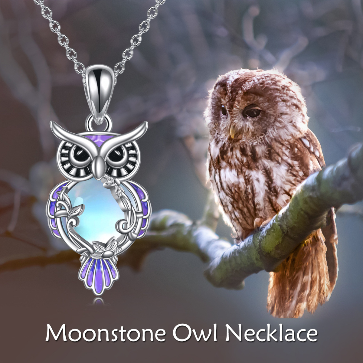 Sterling Silver Round Moonstone Owl Pendant Necklace-6