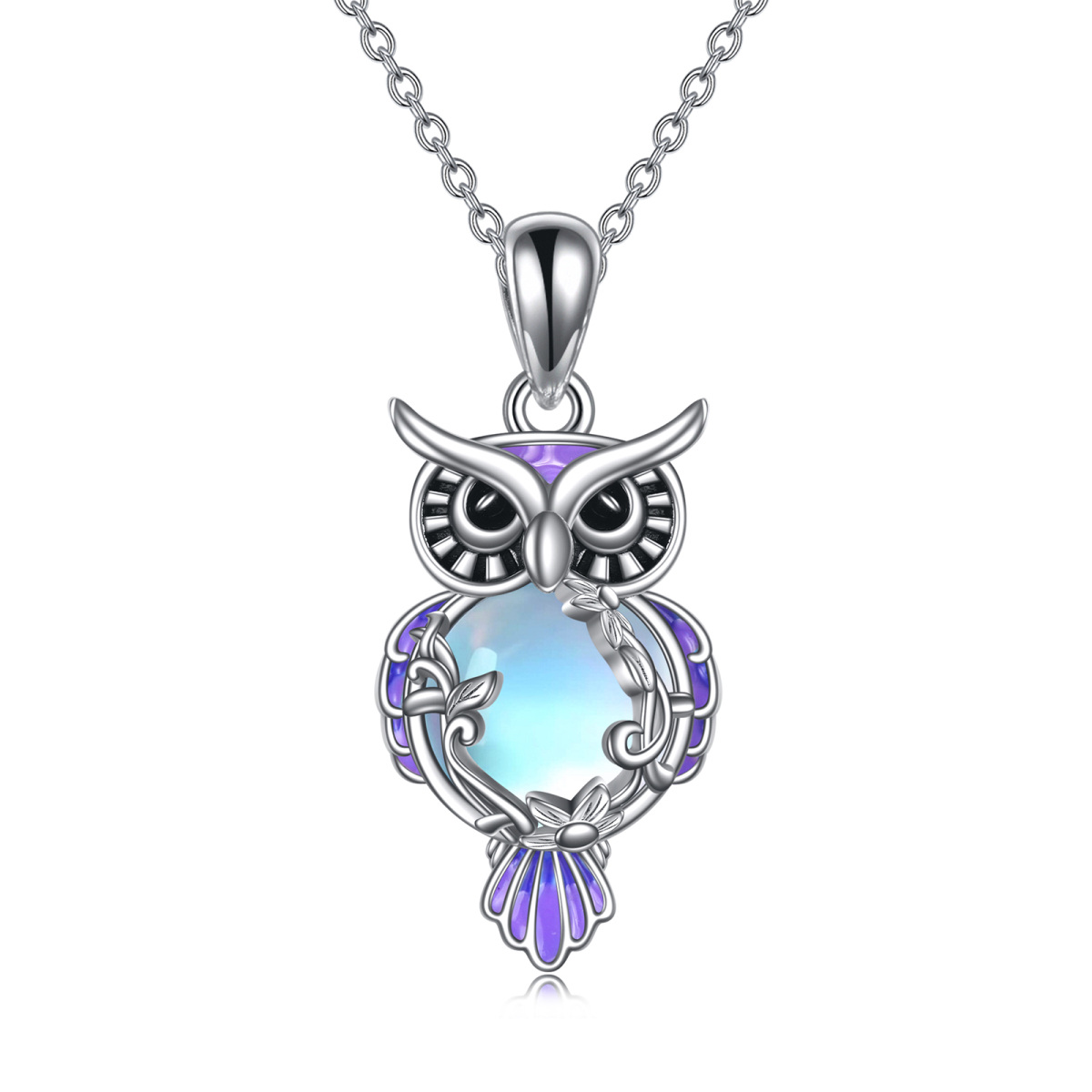 Sterling Silver Round Moonstone Owl Pendant Necklace-1