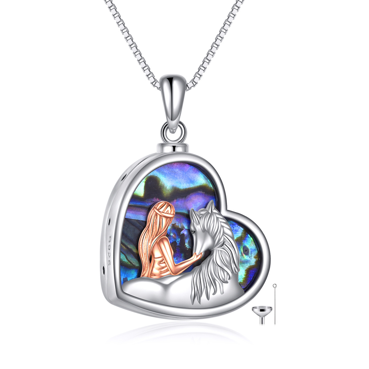 Sterling Silver Two-tone Heart Abalone Shellfish Horse & Heart Urn Necklace for Ashes-1