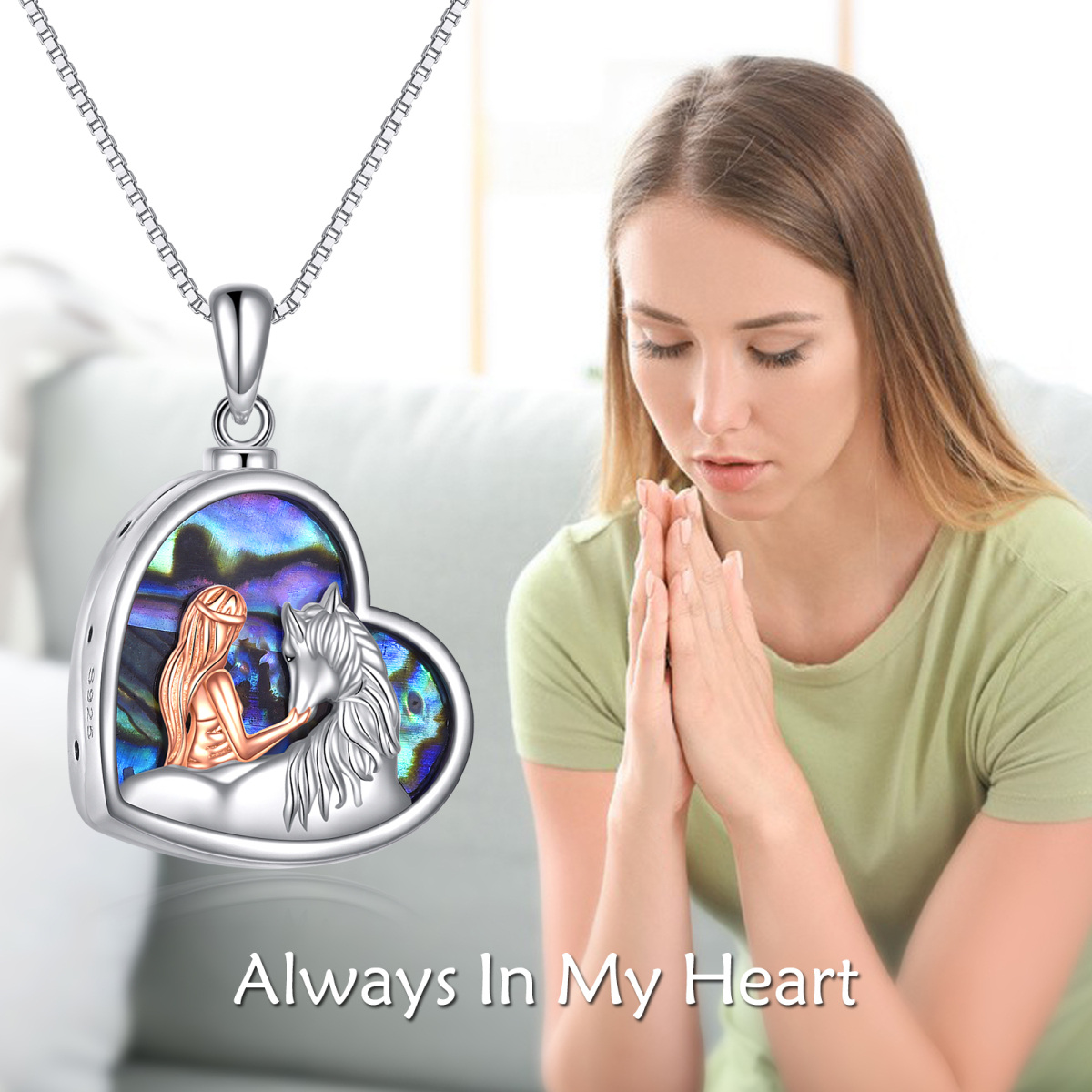 Sterling Silver Two-tone Heart Abalone Shellfish Horse & Heart Urn Necklace for Ashes-6