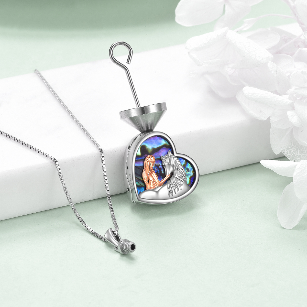 Sterling Silver Two-tone Heart Abalone Shellfish Horse & Heart Urn Necklace for Ashes-3