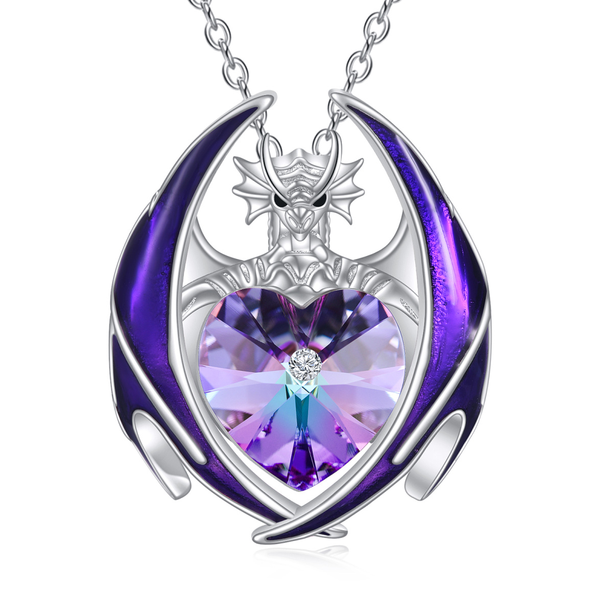 Sterling Silver Heart Shaped Crystal Dragon & Heart Pendant Necklace-1