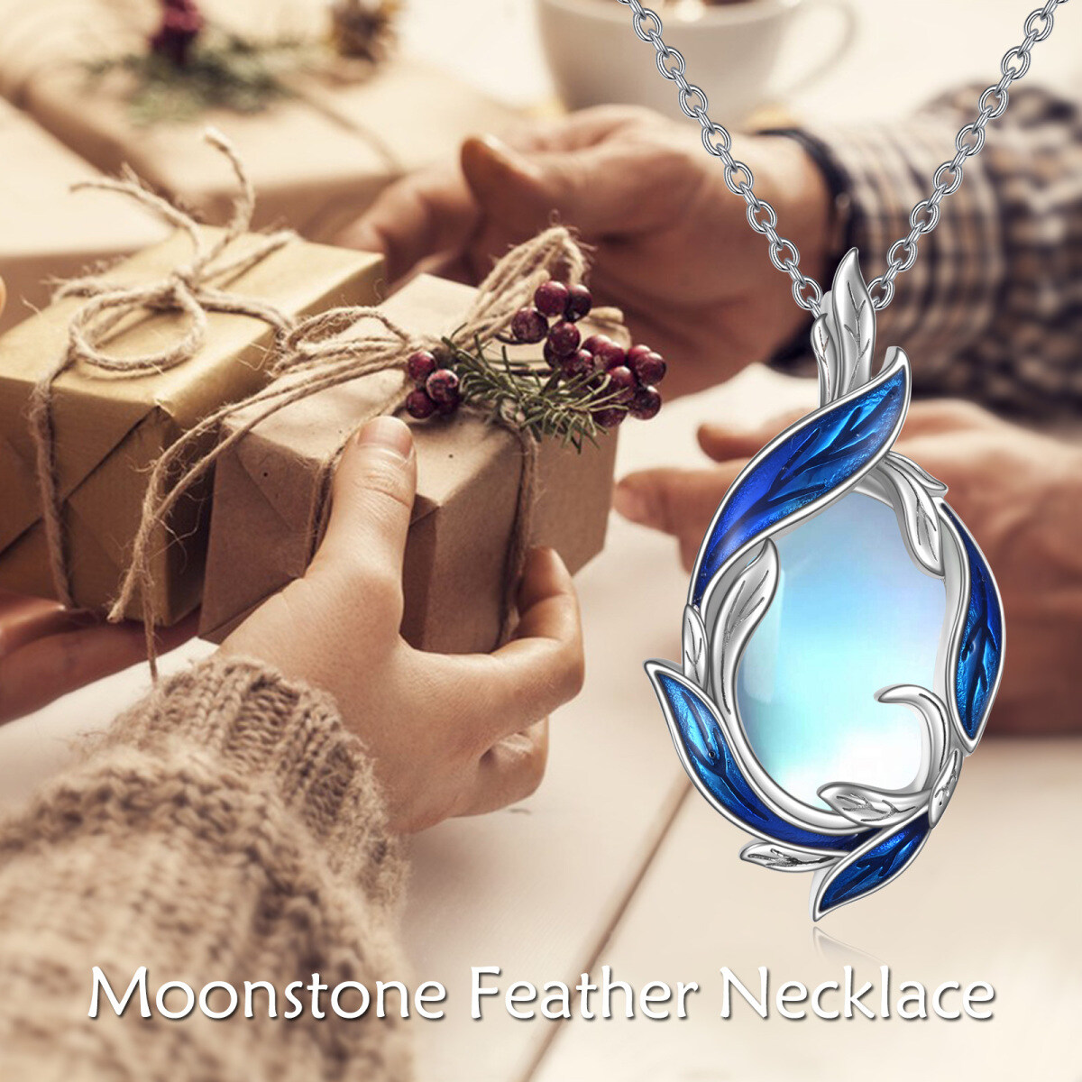 Sterling Silver Oval Shaped Moonstone Feather Pendant Necklace-6