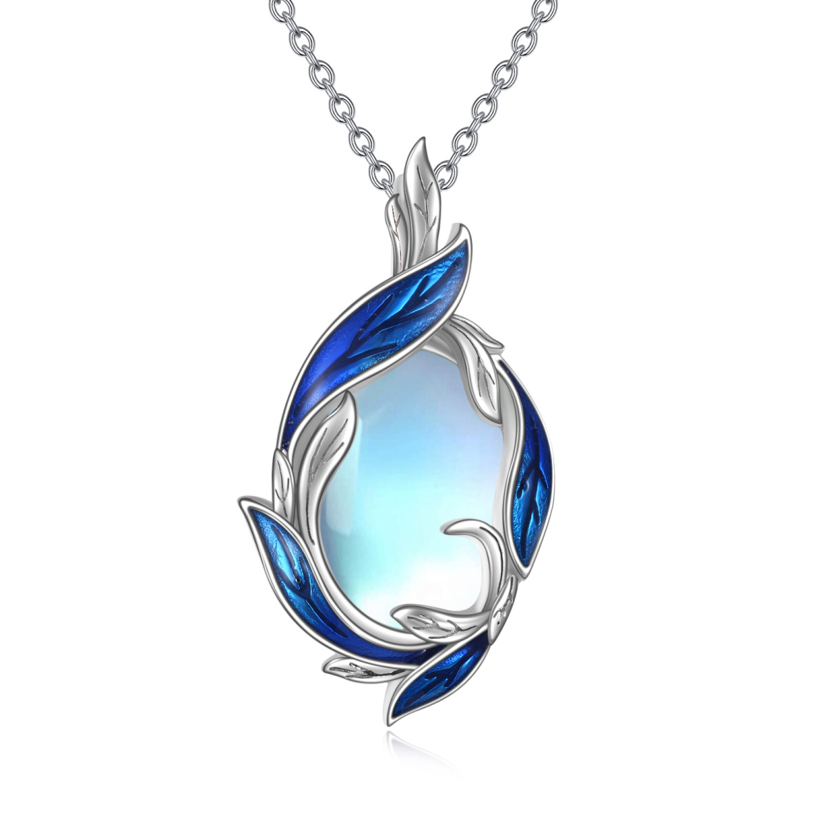 Sterling Silver Oval Shaped Moonstone Feather Pendant Necklace-1