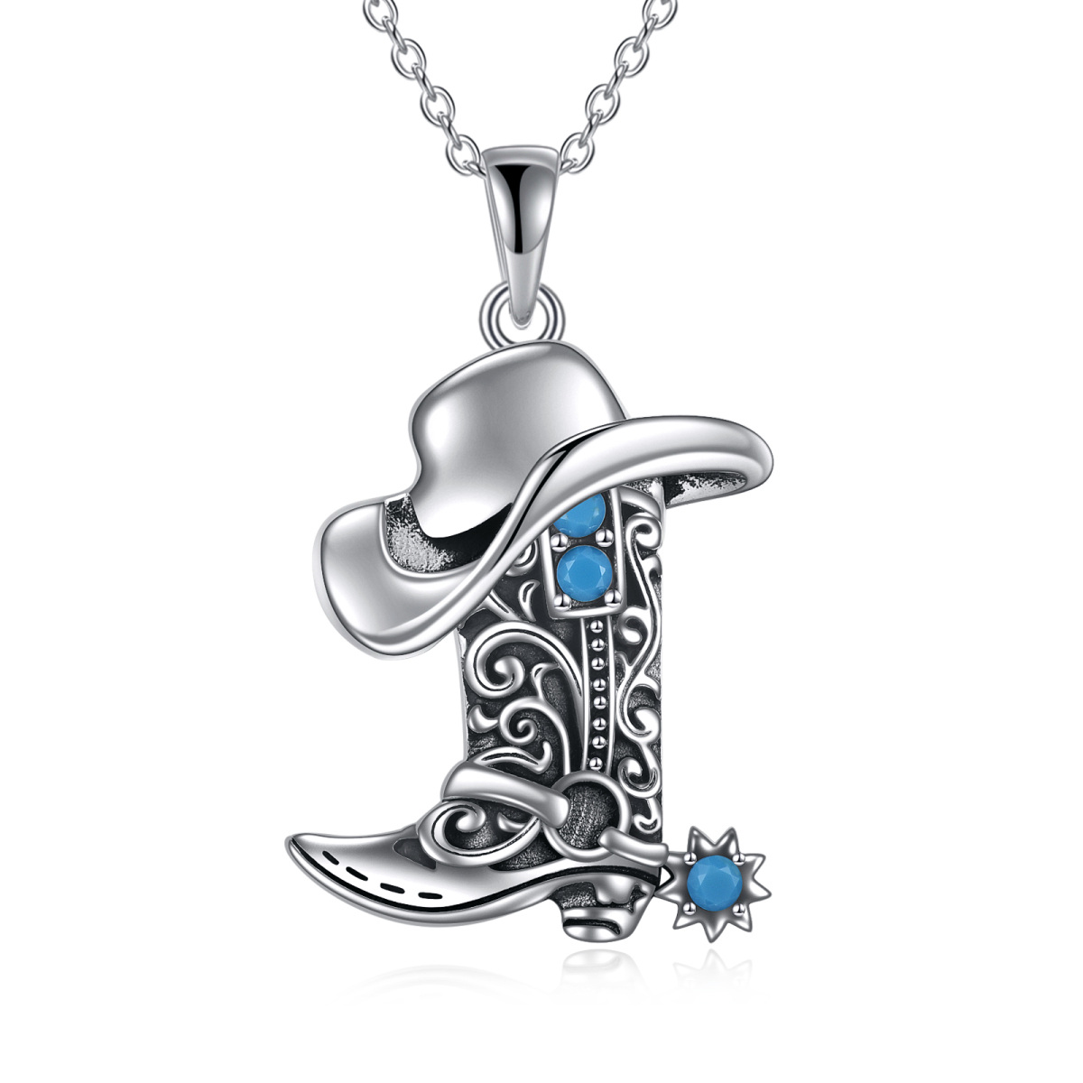 Collier en argent sterling avec pendentif turquoise en forme de chapeau de cow-boy et bott-1