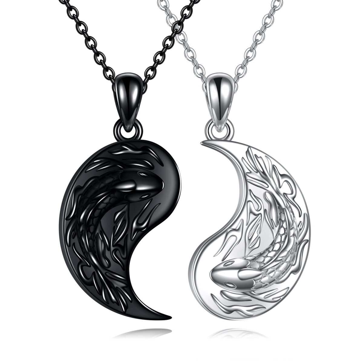 Sterling Silver Two-tone Fish & Yin Yang Pendant Necklace-1