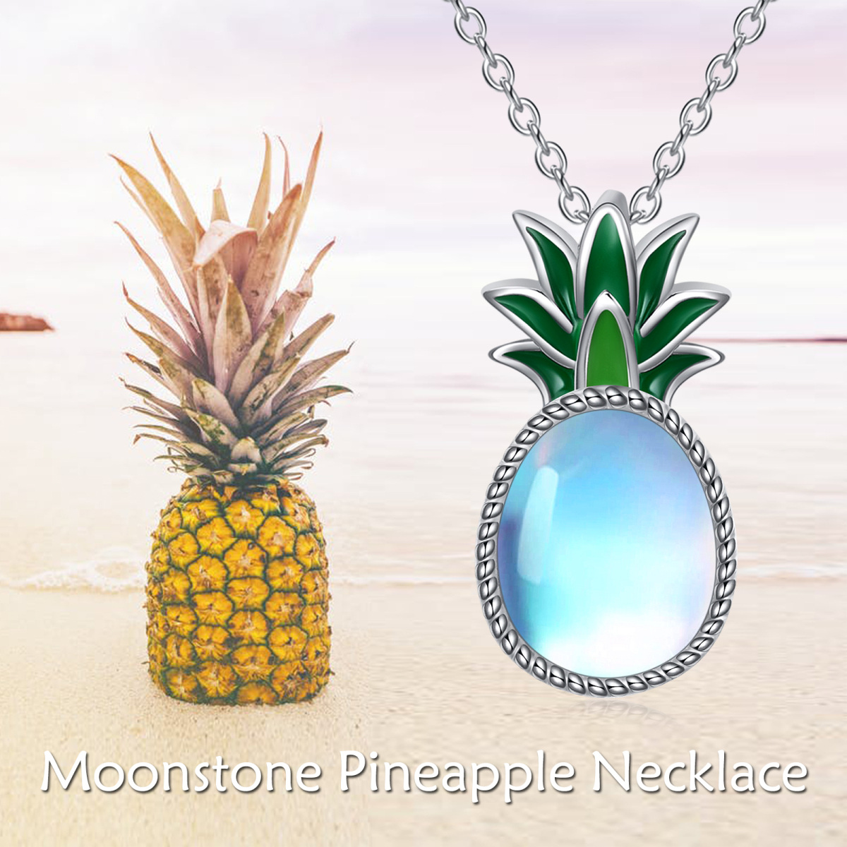 Sterling Silver Oval Moonstone Pineapple Pendant Necklace-6