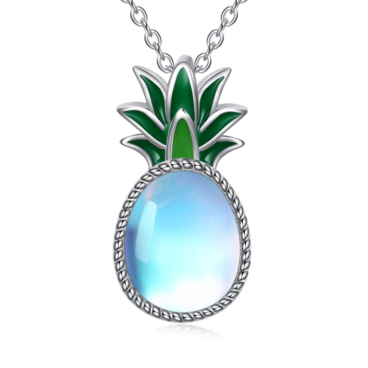 Sterling Silver Oval Moonstone Pineapple Pendant Necklace-1