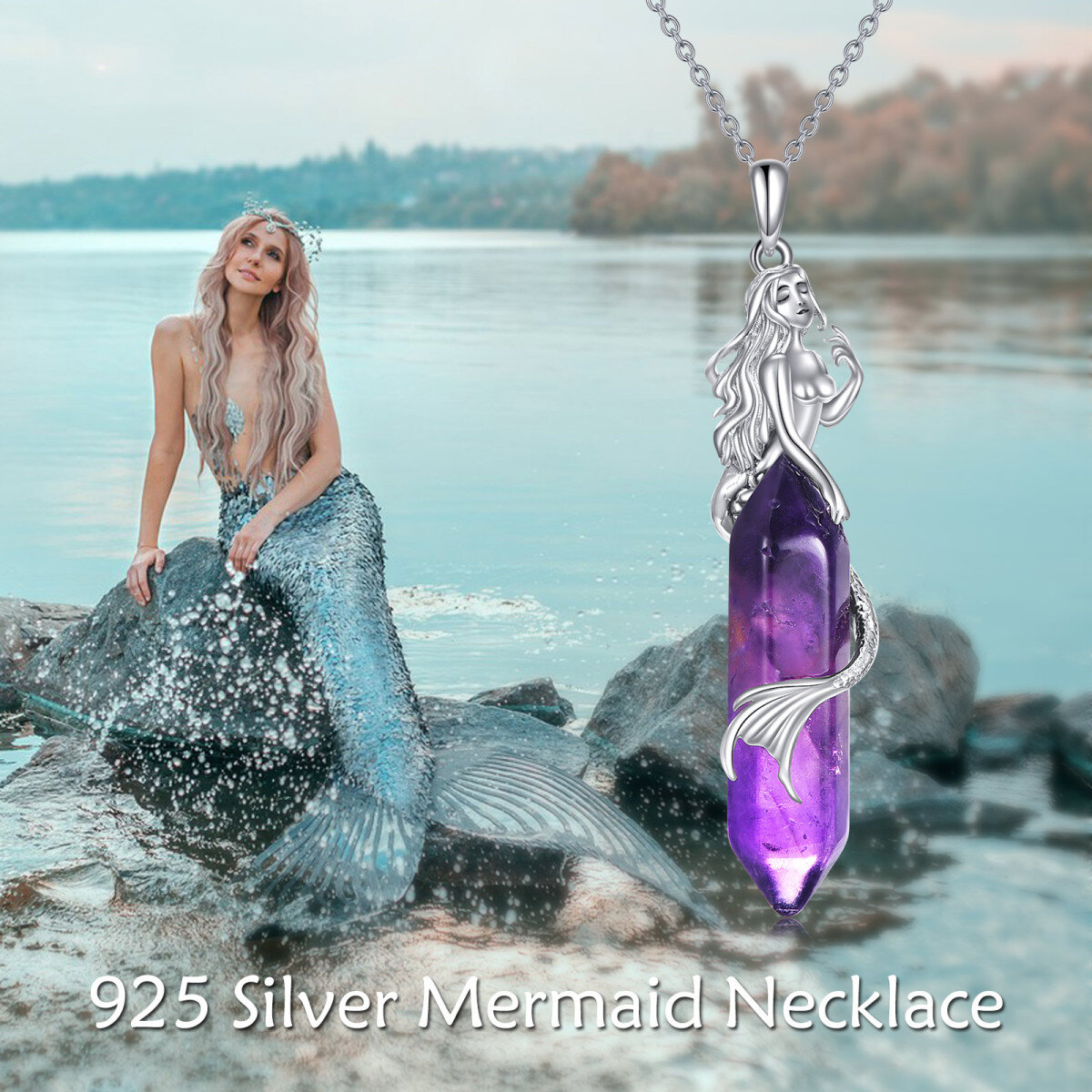 Sterling Silver Mermaid Crystal Pendant Necklace-6