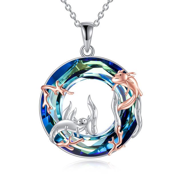 Sterling Silver Two-tone Circular Shaped Axolotl Crystal Pendant Necklace-1