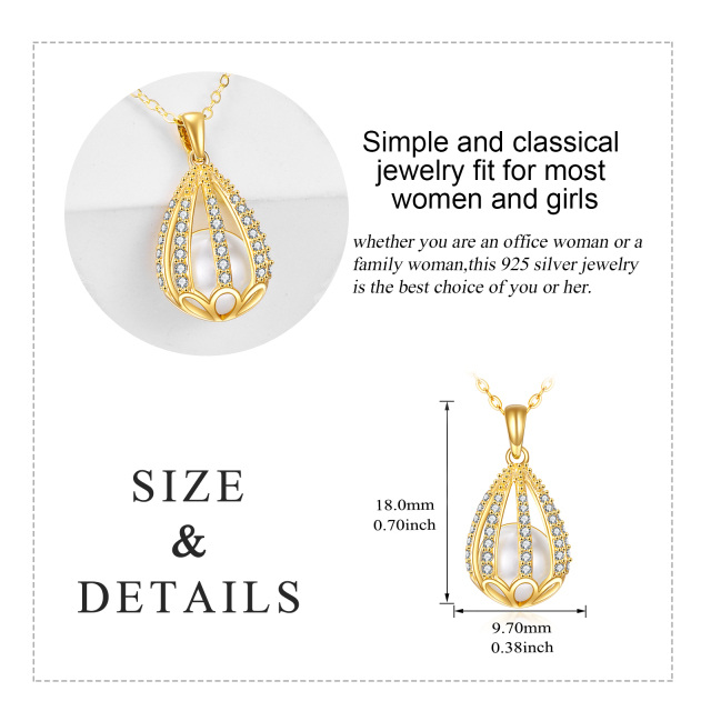 14K Gold Round Cubic Zirconia & Pearl Drop Shape Pendant Necklace-4