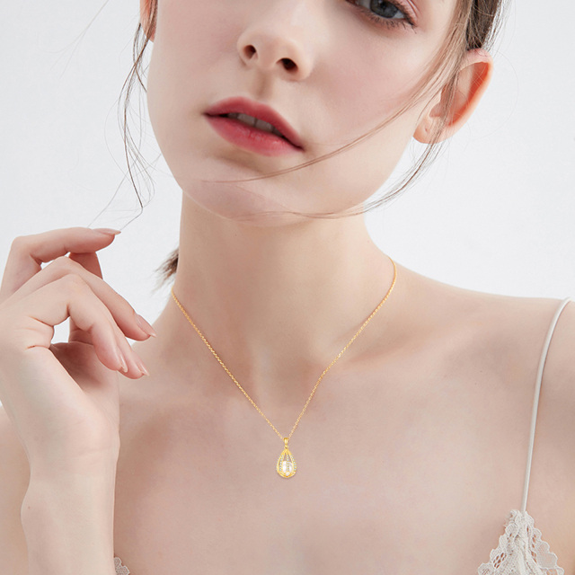 14K Gold Round Cubic Zirconia & Pearl Drop Shape Pendant Necklace-1