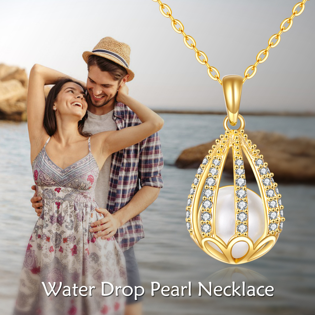 14K Gold Round Cubic Zirconia & Pearl Drop Shape Pendant Necklace-6