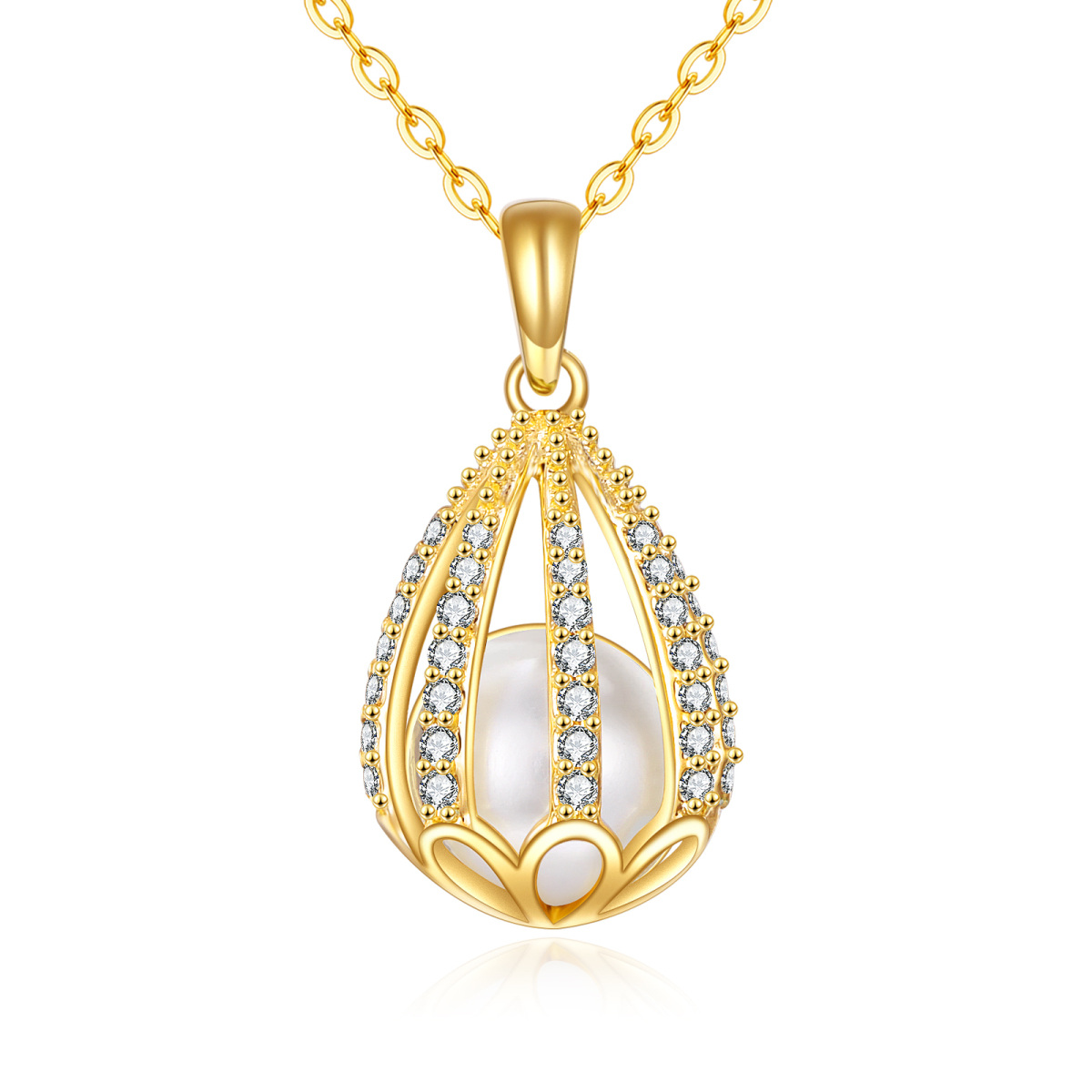 14K Gold Round Cubic Zirconia & Pearl Drop Shape Pendant Necklace-1