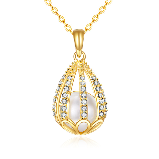 14K Gold Round Cubic Zirconia & Pearl Drop Shape Pendant Necklace-0