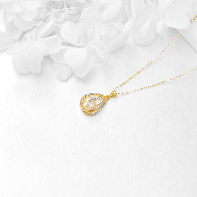 14K Gold Round Cubic Zirconia & Pearl Drop Shape Pendant Necklace-3