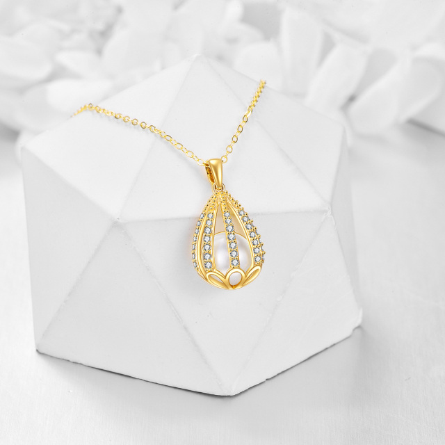 14K Gold Round Cubic Zirconia & Pearl Drop Shape Pendant Necklace-2