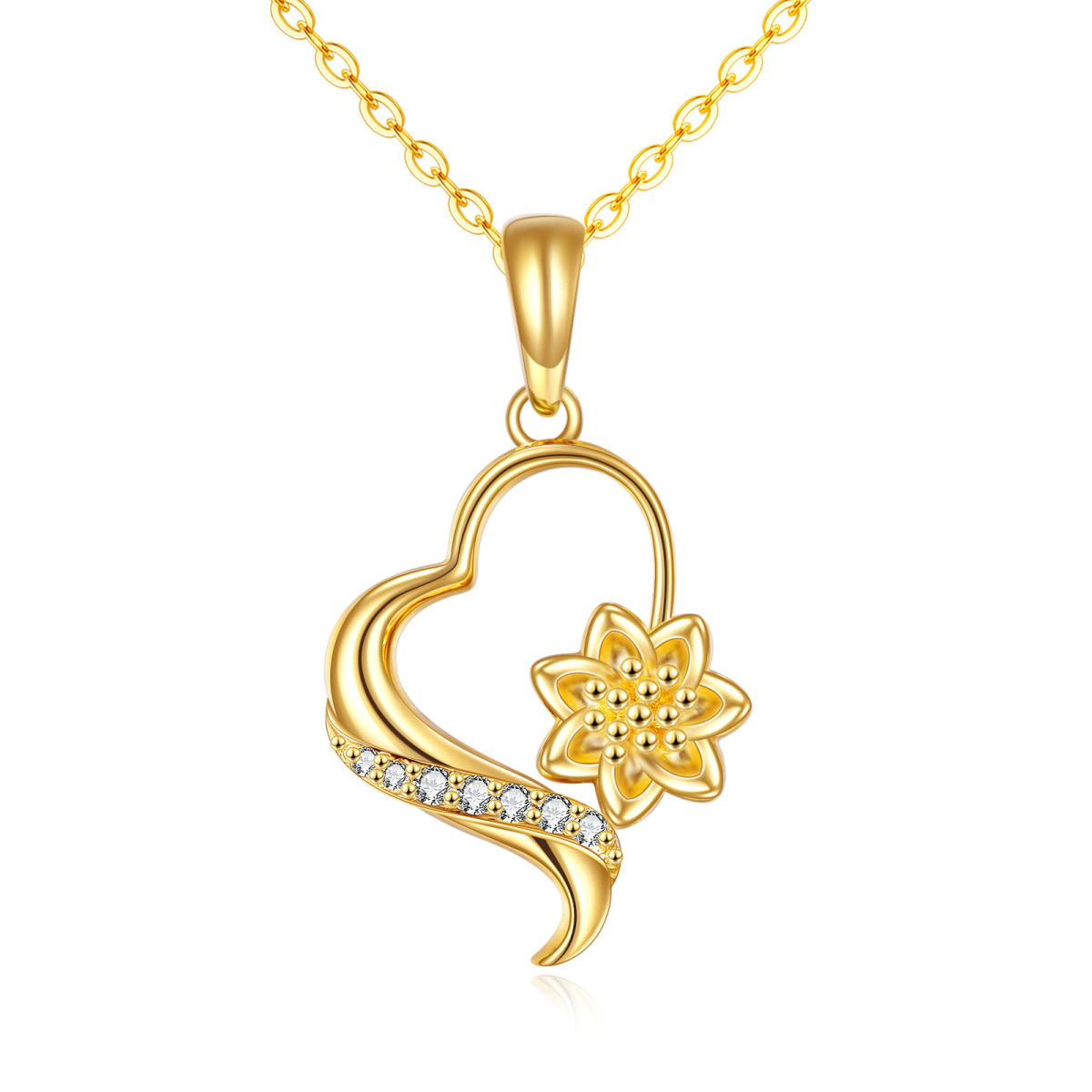 14K Yellow Gold Plated Round Zircon Sunflower & Heart Pendant Necklace-1