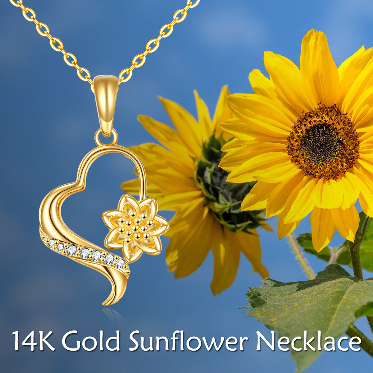 14K Yellow Gold Plated Round Zircon Sunflower & Heart Pendant Necklace-6