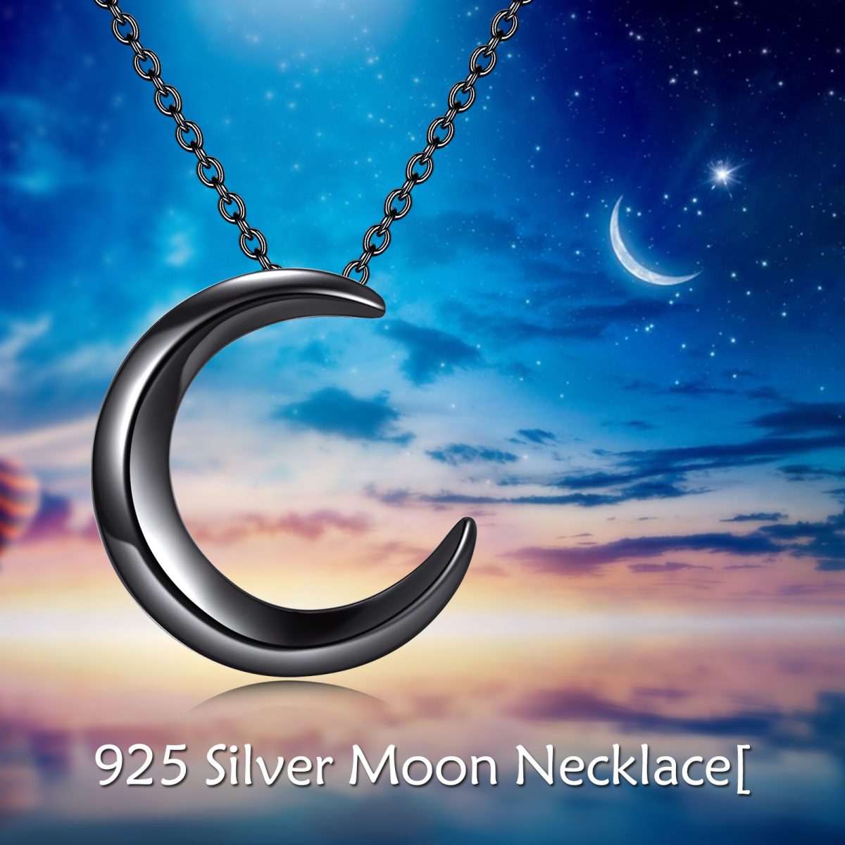 Sterling Silver with Black Rhodium Color Moon Pendant Necklace-6