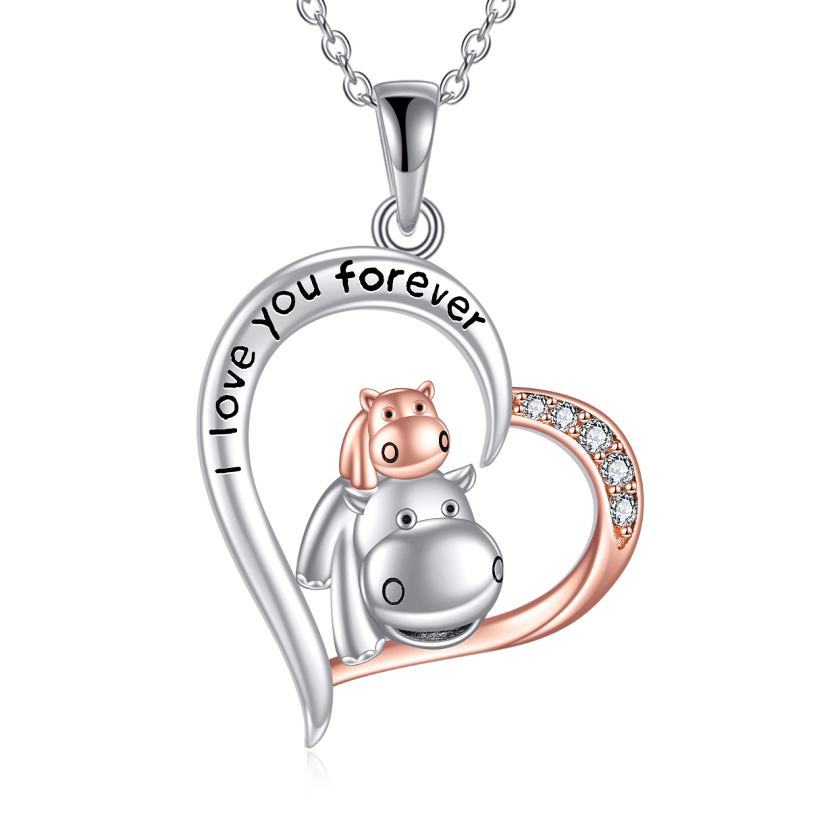 Sterling Silver Two-tone Zirconia Hippo Mom & Baby Heart Pendant Necklace with Engraved Word-1