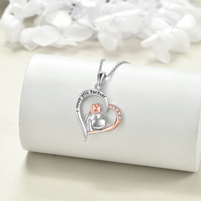 Sterling Silver Two-tone Zirconia Hippo Mom & Baby Heart Pendant Necklace with Engraved Word-3