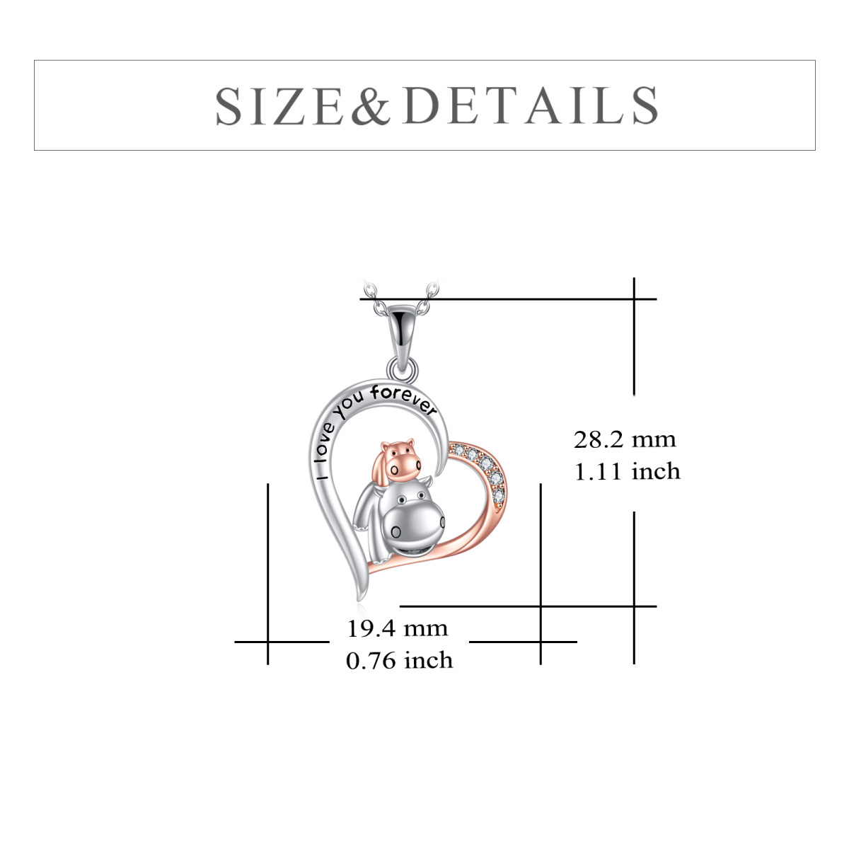 Sterling Silver Two-tone Zirconia Hippo Mom & Baby Heart Pendant Necklace with Engraved Word-6