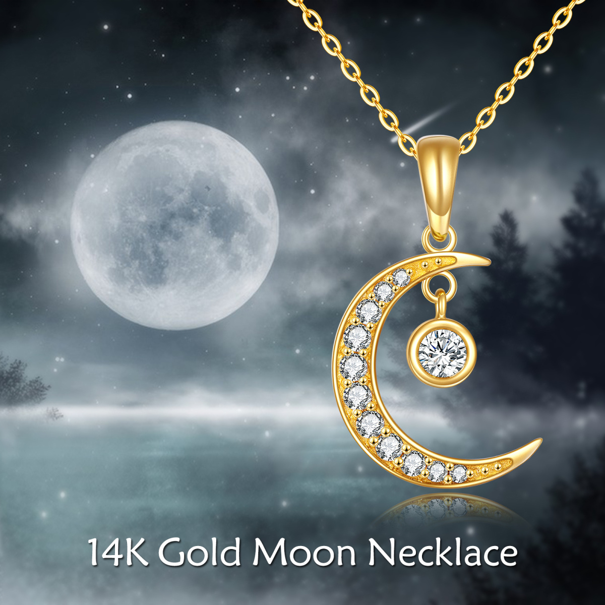 14K Gold Round Cubic Zirconia Moon & Sun Pendant Necklace-6