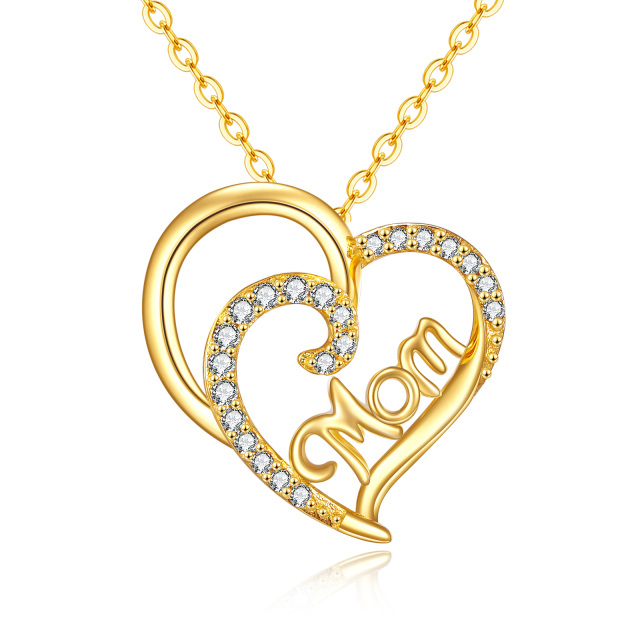 14K Gold Circular Shaped Cubic Zirconia Mother & Heart Pendant Necklace-0