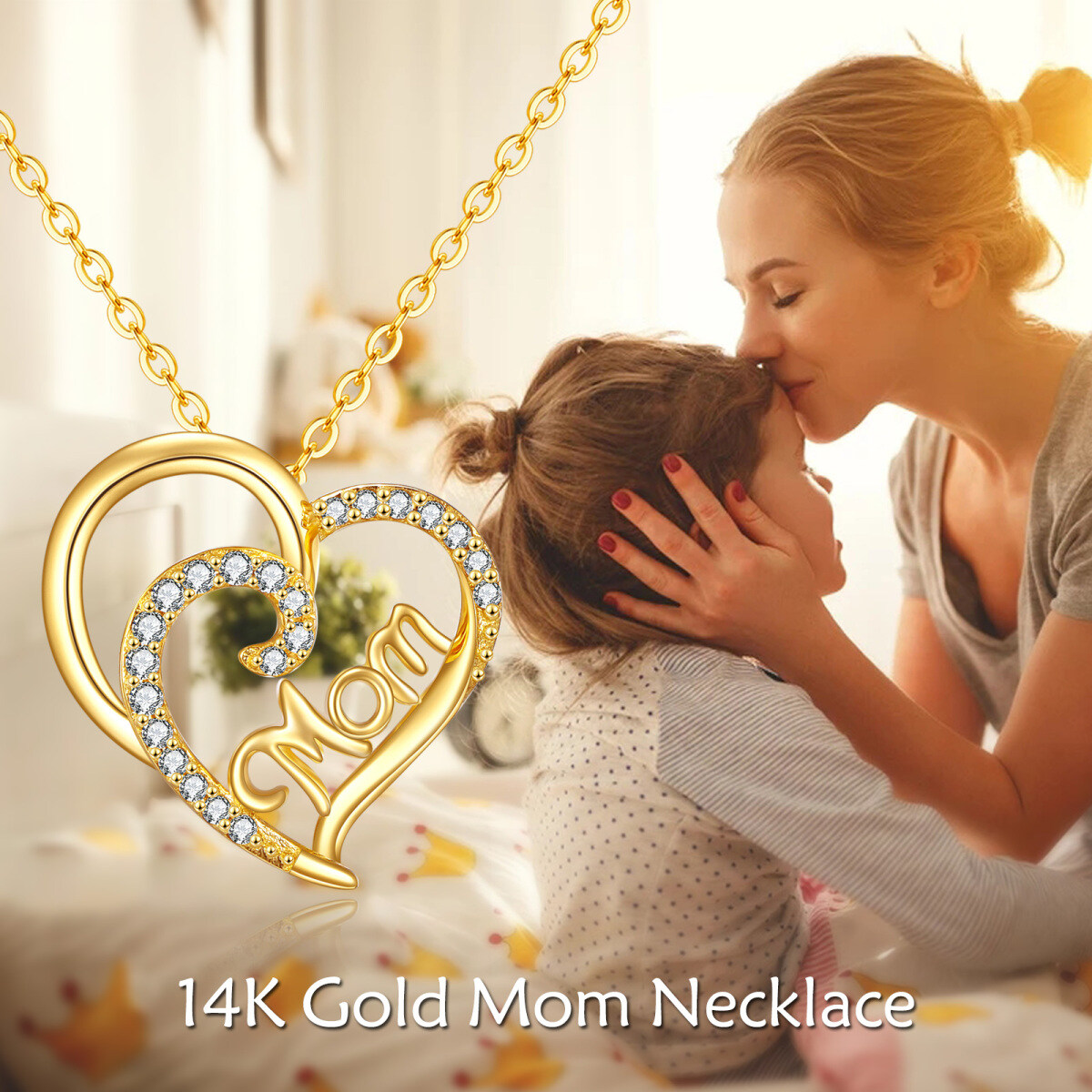 Collar colgante de oro de 14 quilates con forma circular de circonita madre y corazón-6