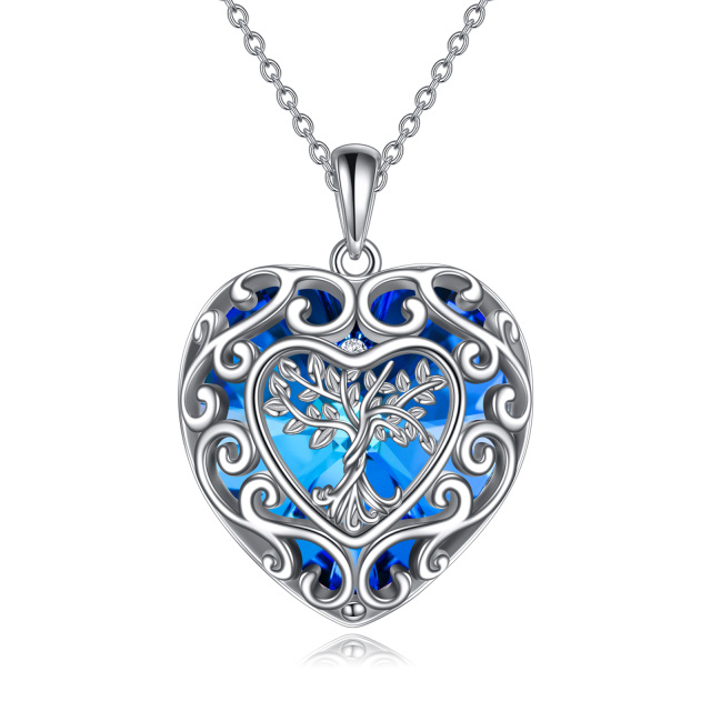 Sterling Silver Heart Shaped Tree Of Life & Heart Crystal Pendant Necklace-4