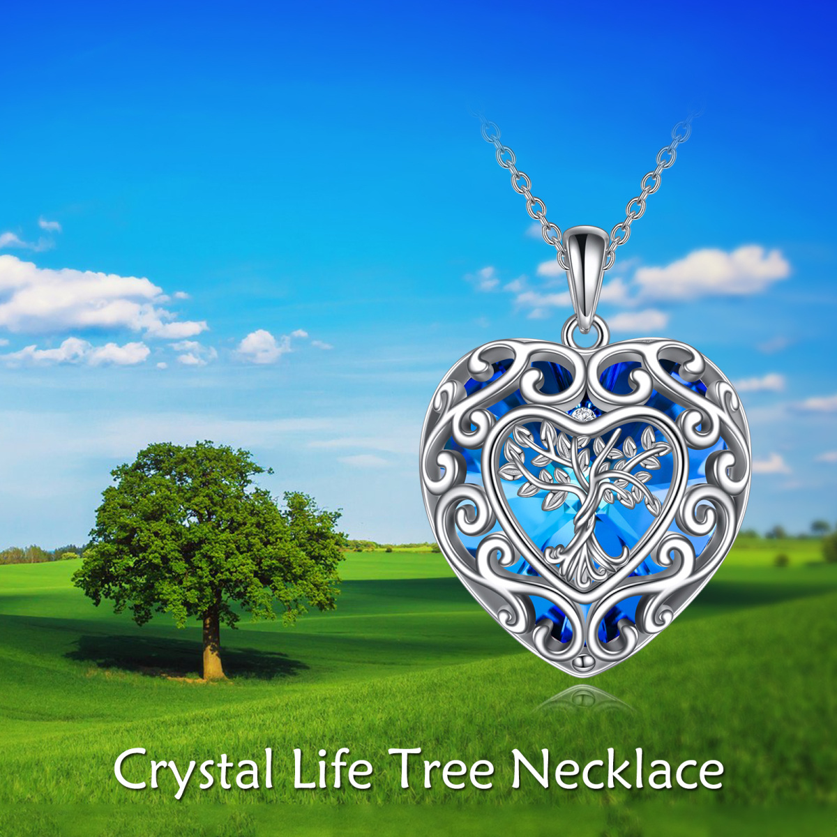 Sterling Silver Heart Shaped Tree Of Life & Heart Crystal Pendant Necklace-6