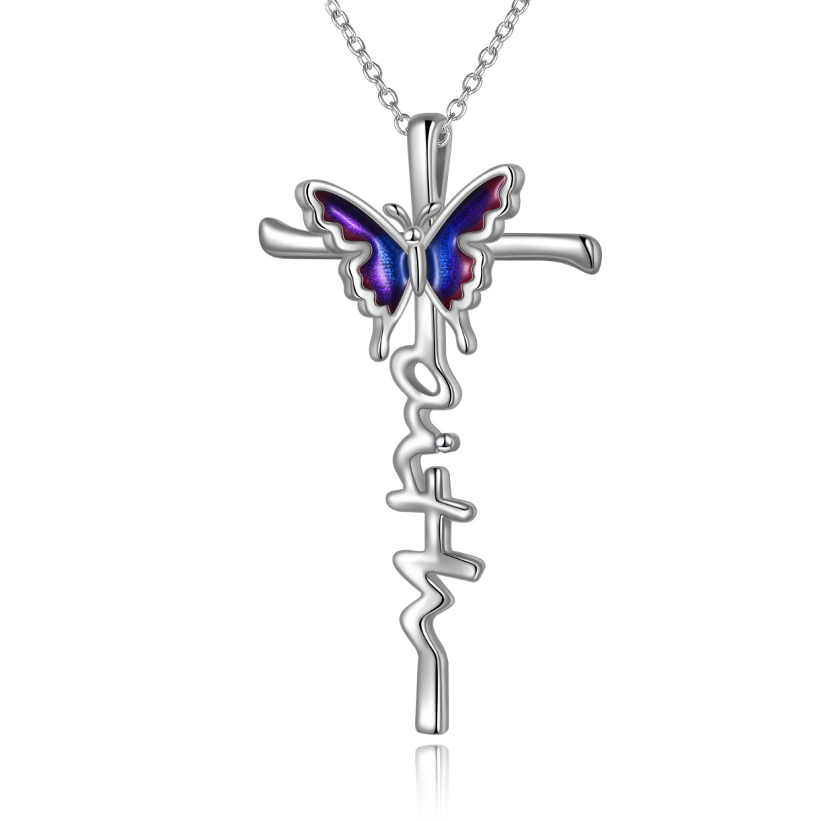 Sterling Silver Butterfly & Cross Pendant Necklace-1