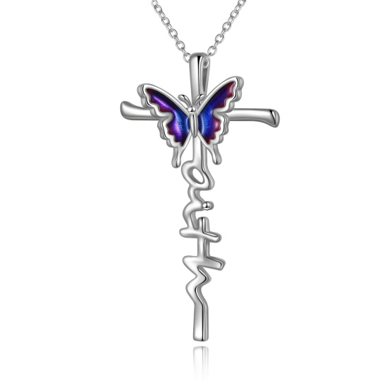 Collier en argent sterling avec pendentif papillon et croix