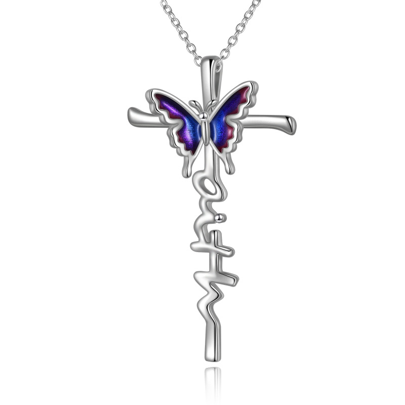 Sterling Silver Butterfly & Cross Pendant Necklace