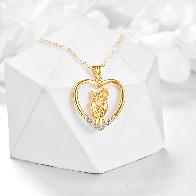 14K Gold Cubic Zirconia Mother & Daughter & Heart Pendant Necklace-2
