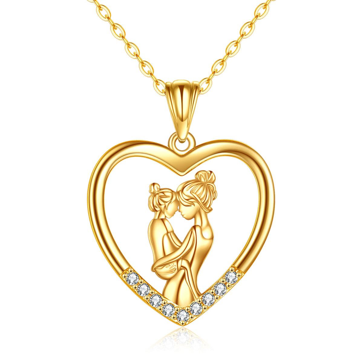 14K Gold Cubic Zirconia Mother & Daughter & Heart Pendant Necklace-1