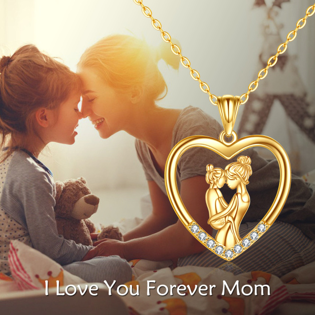 14K Gold Cubic Zirconia Mother & Daughter & Heart Pendant Necklace-4