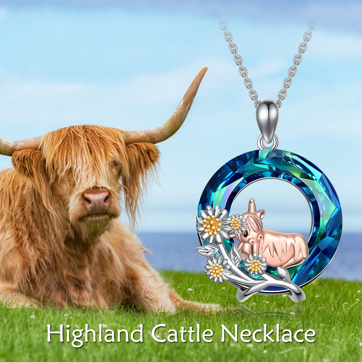 Sterling Silber Dreifarbener kreisförmiger Highland Cow & Daisy Kristall Anhänger Halskett-6