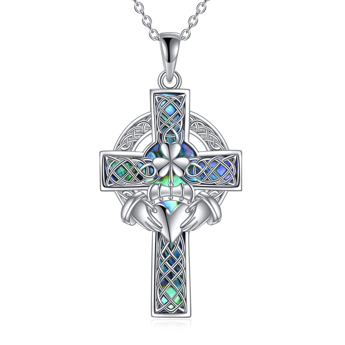 Sterling Silver Celtic Knot & Cross Love by Kelly Hands Holding Crown Pendant Necklace-1
