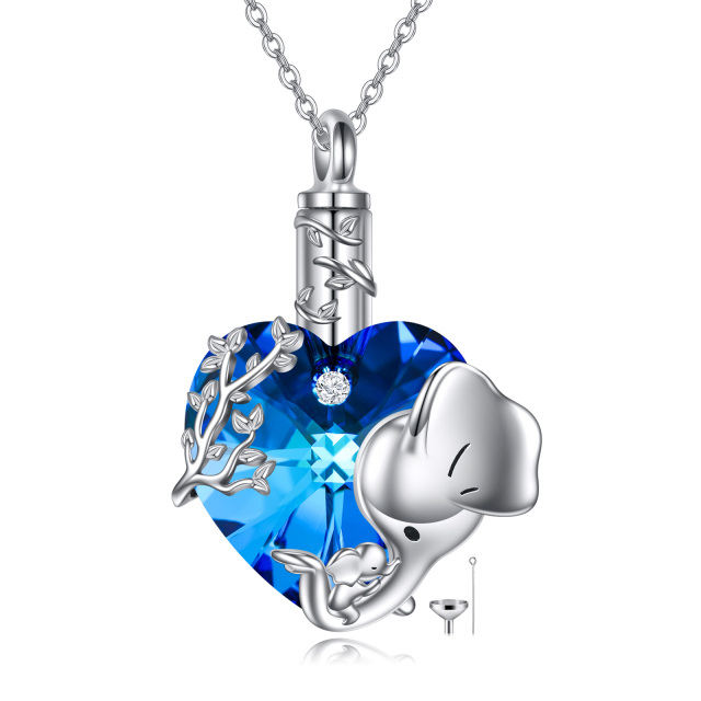 Sterling Silver Heart Shaped Blue Crystal Elephant & Heart Urn Necklace for Ashes-2