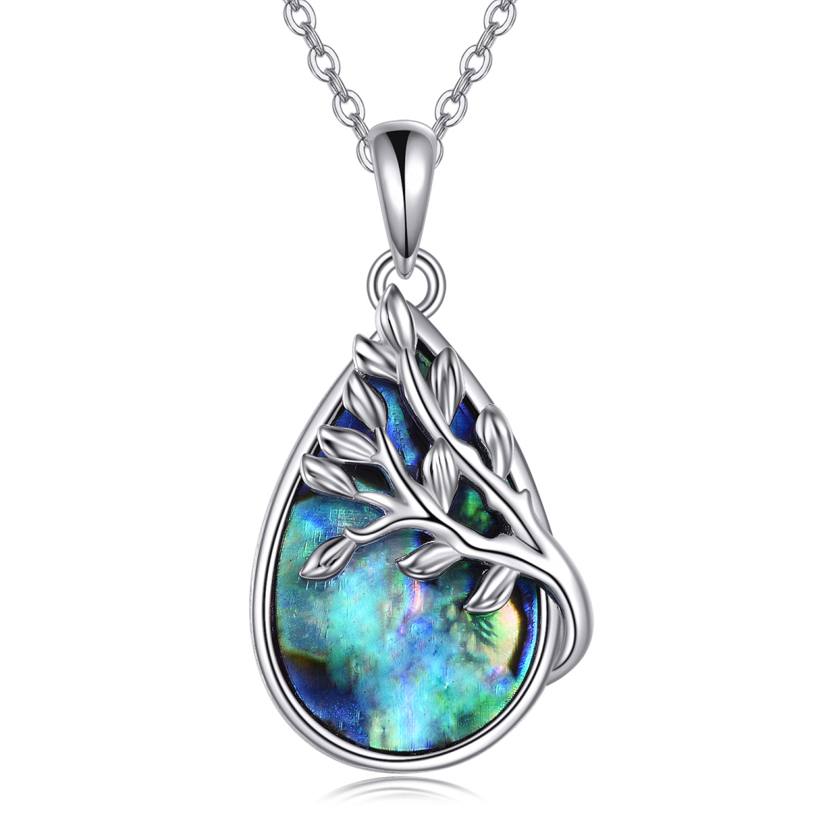 Sterling Silver Abalone Shellfish Tree Of Life & Drop Shape Pendant Necklace-1