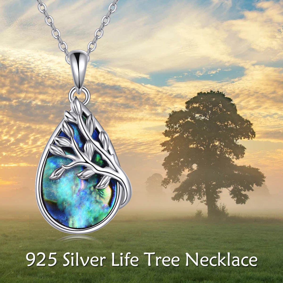 Sterling Silver Abalone Shellfish Tree Of Life & Drop Shape Pendant Necklace-6