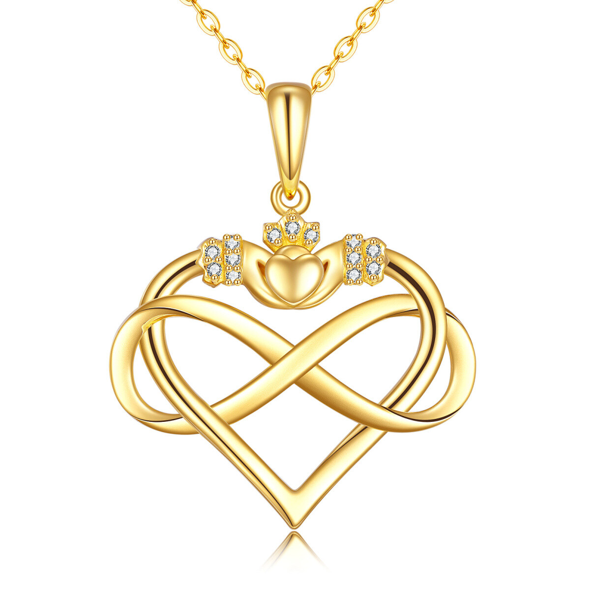 Collier en or 14K à pendentifs en zircon cubique avec symbole du coeur et de l'infini-1