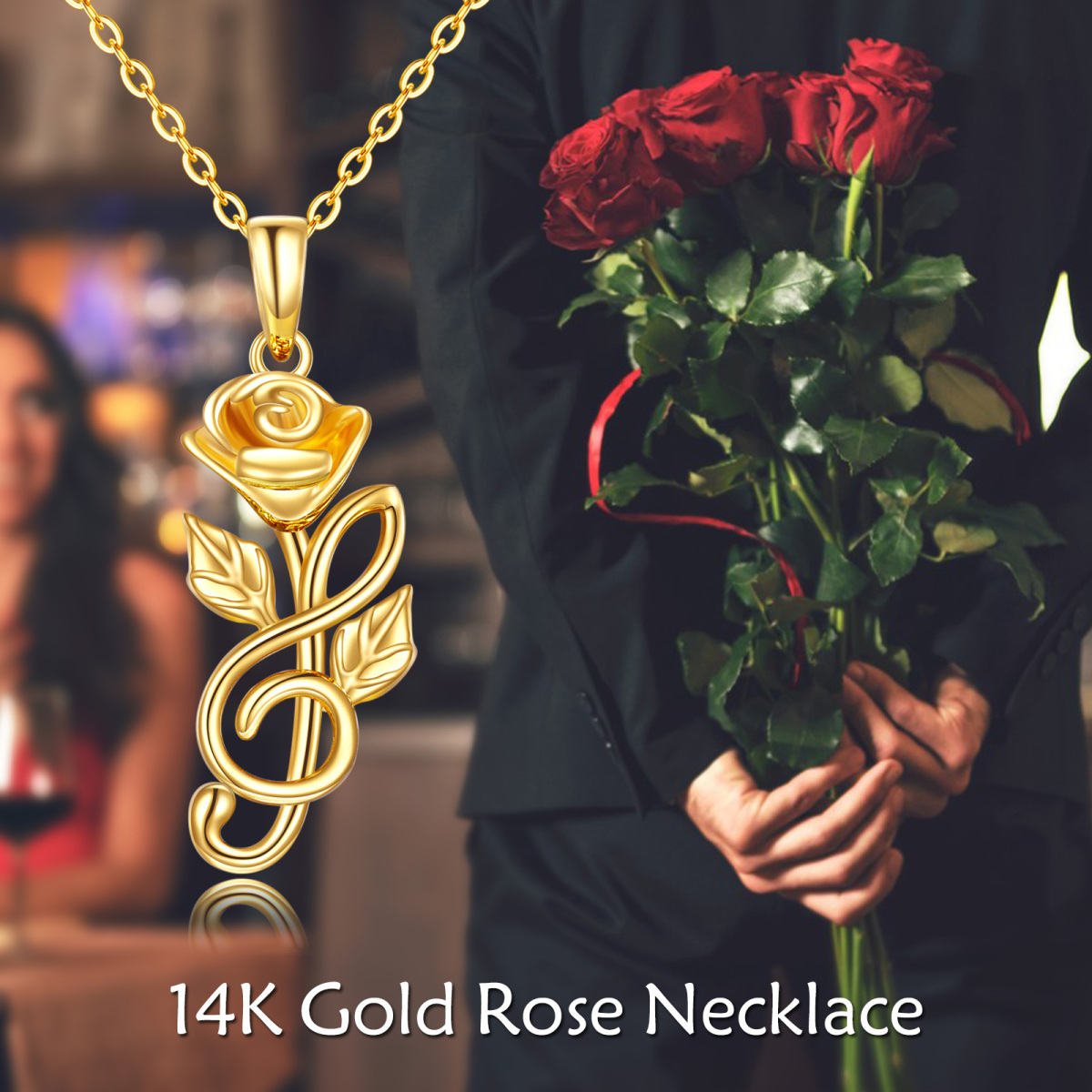 14K Gold Rose & Music Symbol Pendant Necklace-6